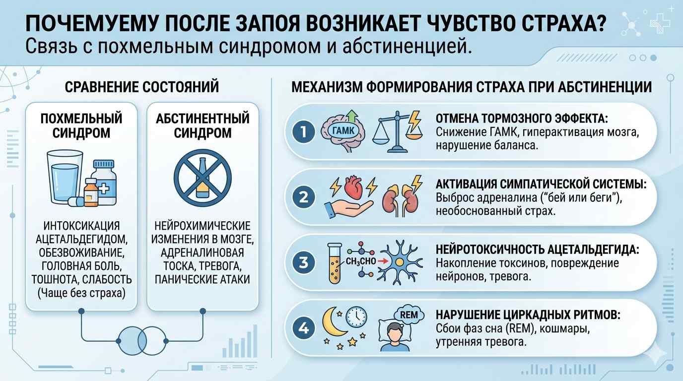 Подробная инфографика о механизмах страха при абстинентном синдроме. Сравнение похмелья и абстиненции, описание влияния ГАМК, адреналина и ацетальдегида на психику пациента