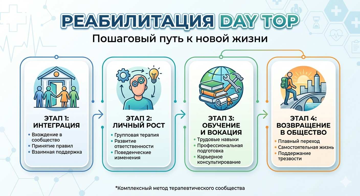 Медицинская инфографика программы 'Реабилитация Day Top', показывающая четыре последовательных этапа: от интеграции в сообщество до возвращения к трезвой жизни в обществе.