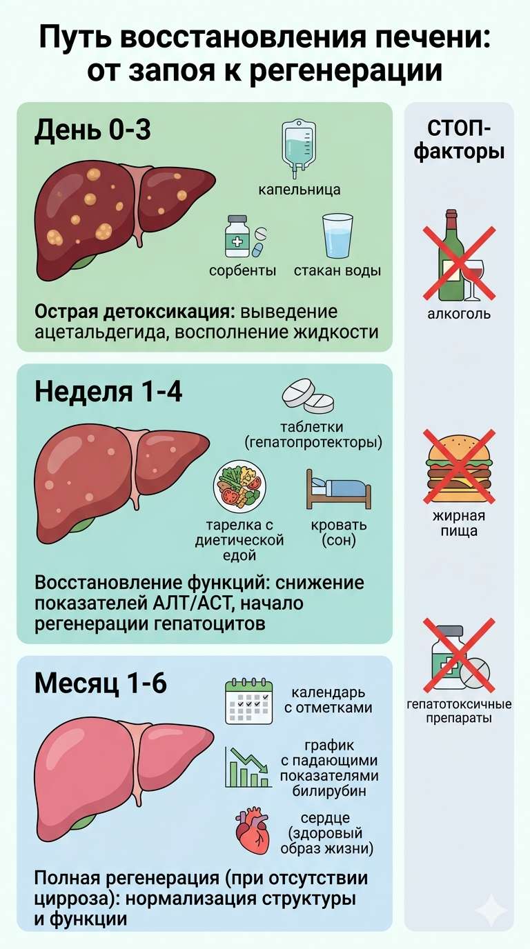Инфографика: этапы и сроки восстановления печени после запоя. Схема детоксикации и регенерации по дням, неделям и месяцам.