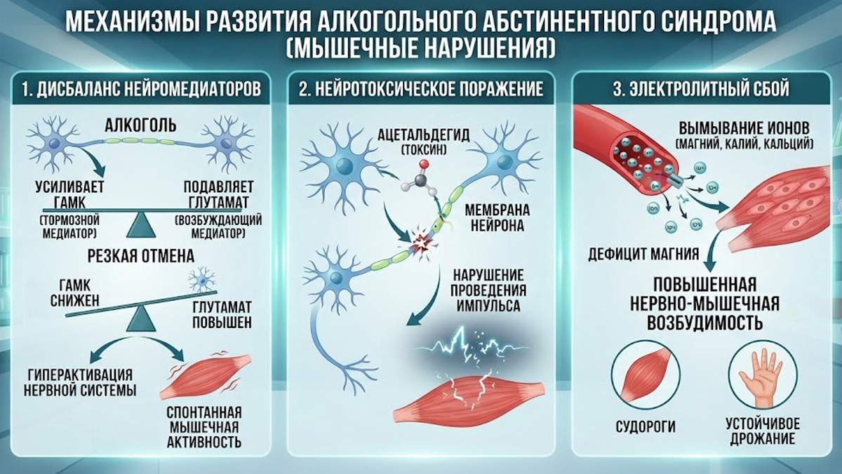 Инфографика «Механизмы развития алкогольного абстинентного синдрома (мышечные нарушения)», состоящая из трёх разделов: 1. Дисбаланс нейромедиаторов (схемы влияния алкоголя на ГАМК и глутамат), 2. Нейротоксическое поражение (влияние ацетальдегида на нейроны), 3. Электролитный сбой (дефицит магния, калия, кальция и его последствия: судороги и дрожание).