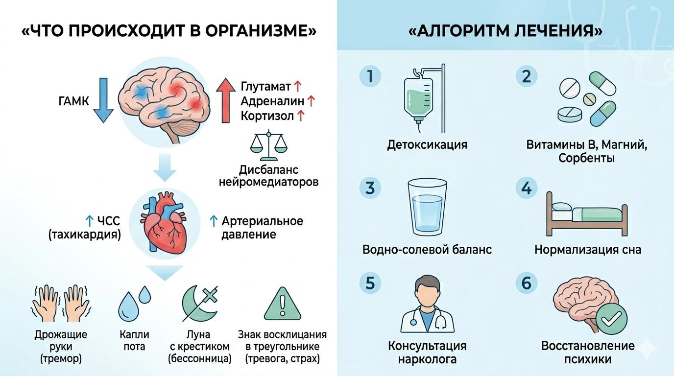 Инфографика медицинского центра, описывающая патологический процесс в организме при дисбалансе нейромедиаторов (тремор, бессонница) и шестиэтапный алгоритм лечения, включающий детоксикацию и восстановление психики