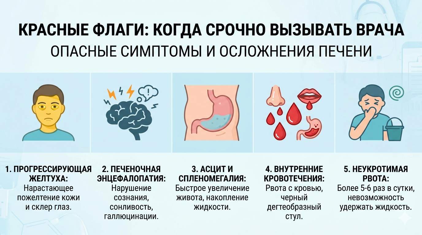 Инфографика с перечислением критических симптомов поражения печени: желтуха, печеночная энцефалопатия, асцит, внутренние кровотечения и неукротимая рвота