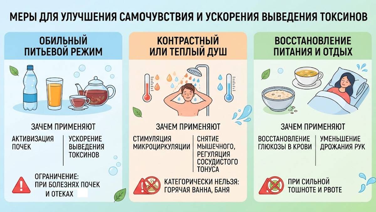 Инфографика: меры для улучшения самочувствия, обильный питьевой режим, контрастный душ и восстановление питания.