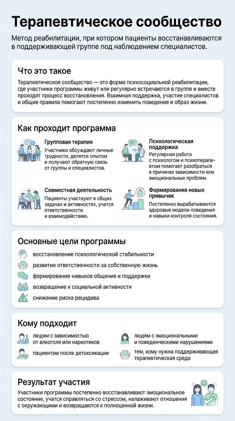 Медицинская инфографика о методе реабилитации «Терапевтическое сообщество»: цели программы, этапы групповой терапии и социальная адаптация.