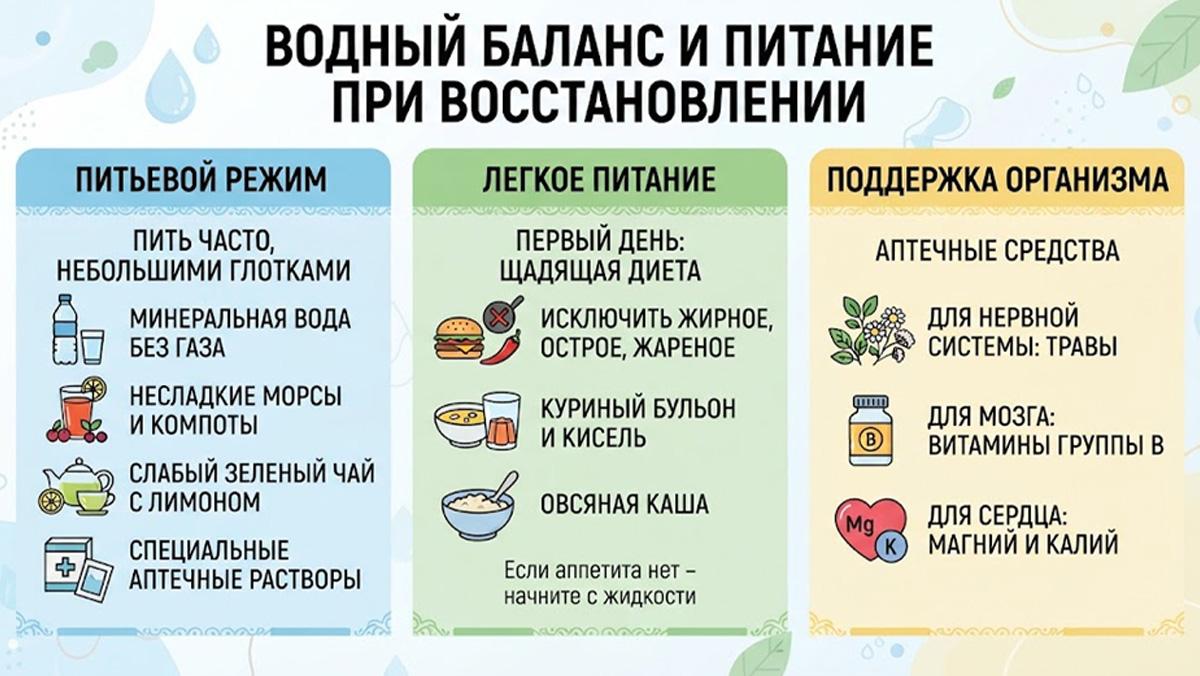 Инфографика «Водный баланс и питание при восстановлении», разделенная на три колонки: питьевой режим, легкое питание и поддержка организма аптечными средствами.