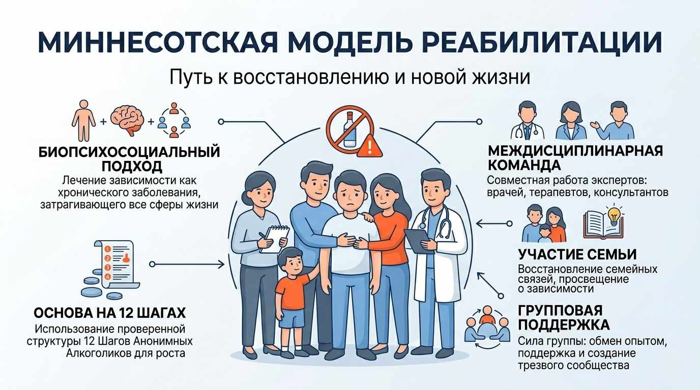Инфографика: миннесотская модель реабилитации. Схема с участием врачей, семьи и группы 12 шагов для комплексного лечения зависимости.